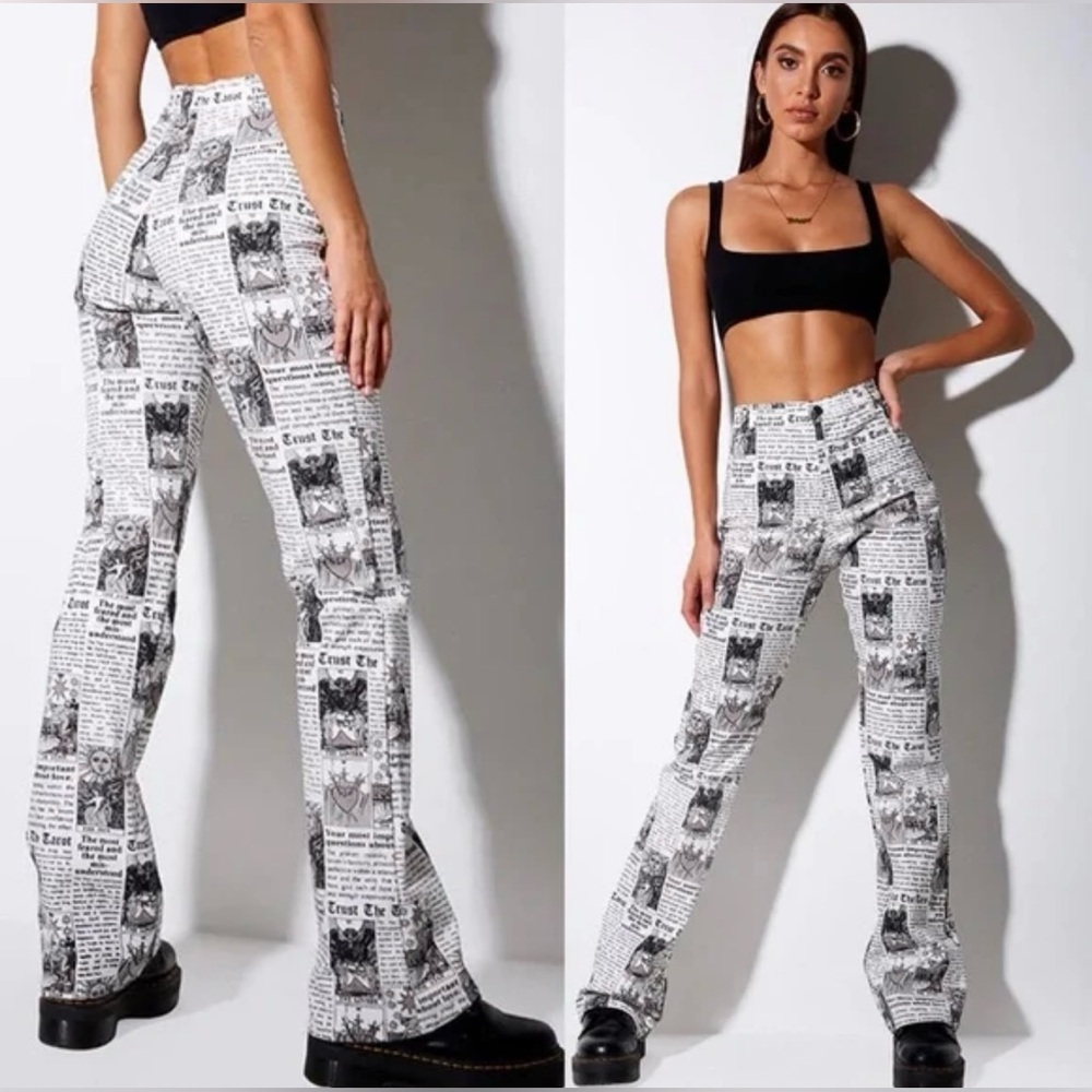 Motel Rocks Black and White Flare Pants with Newspaper Print